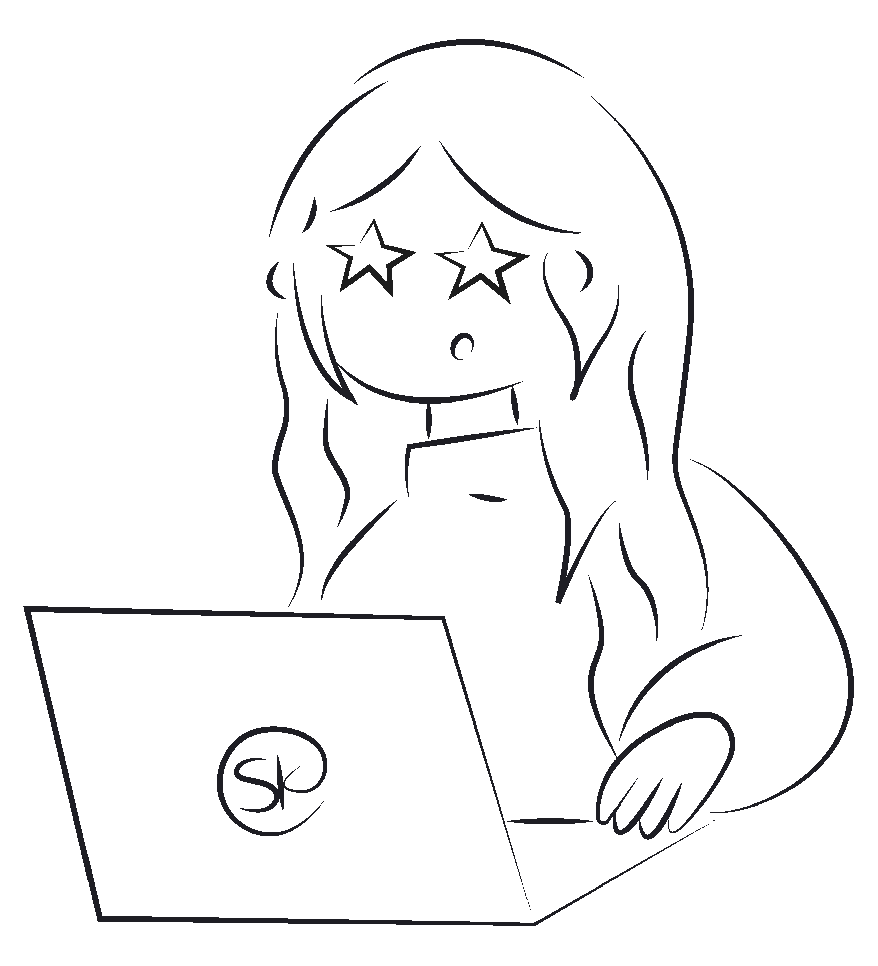 Animated illustration of Scarlet typing at her laptop with star eyes