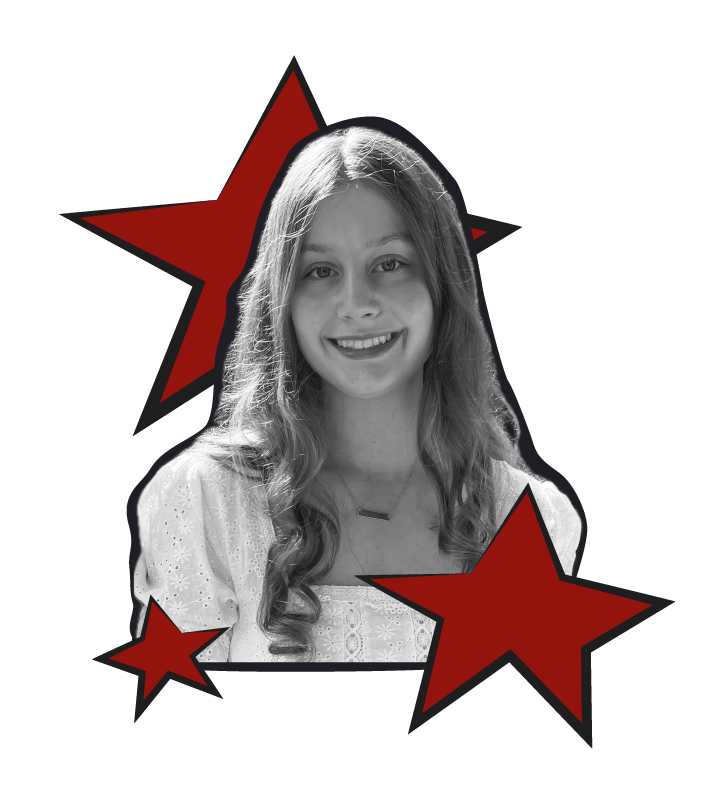Black and white photo of Scarlet smiling, cut out with hand-drawn red stars behind her