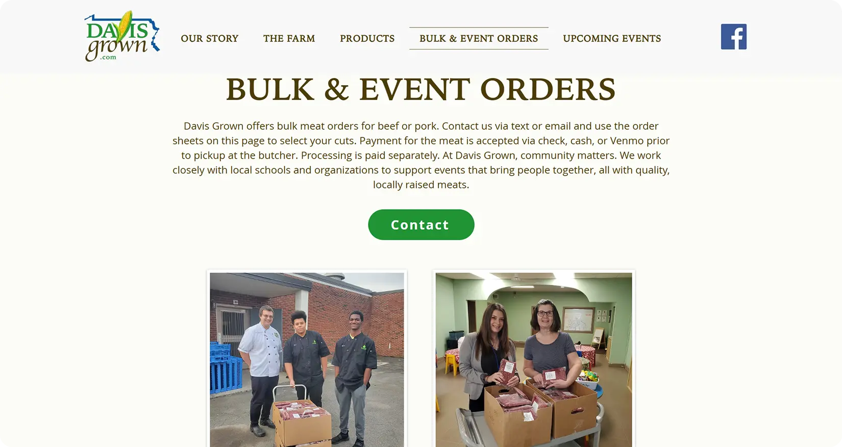 Bulk and Event Orders page of the Davis Grown website with an intro paragraph, a Contact button, and two photos of community bulk order events