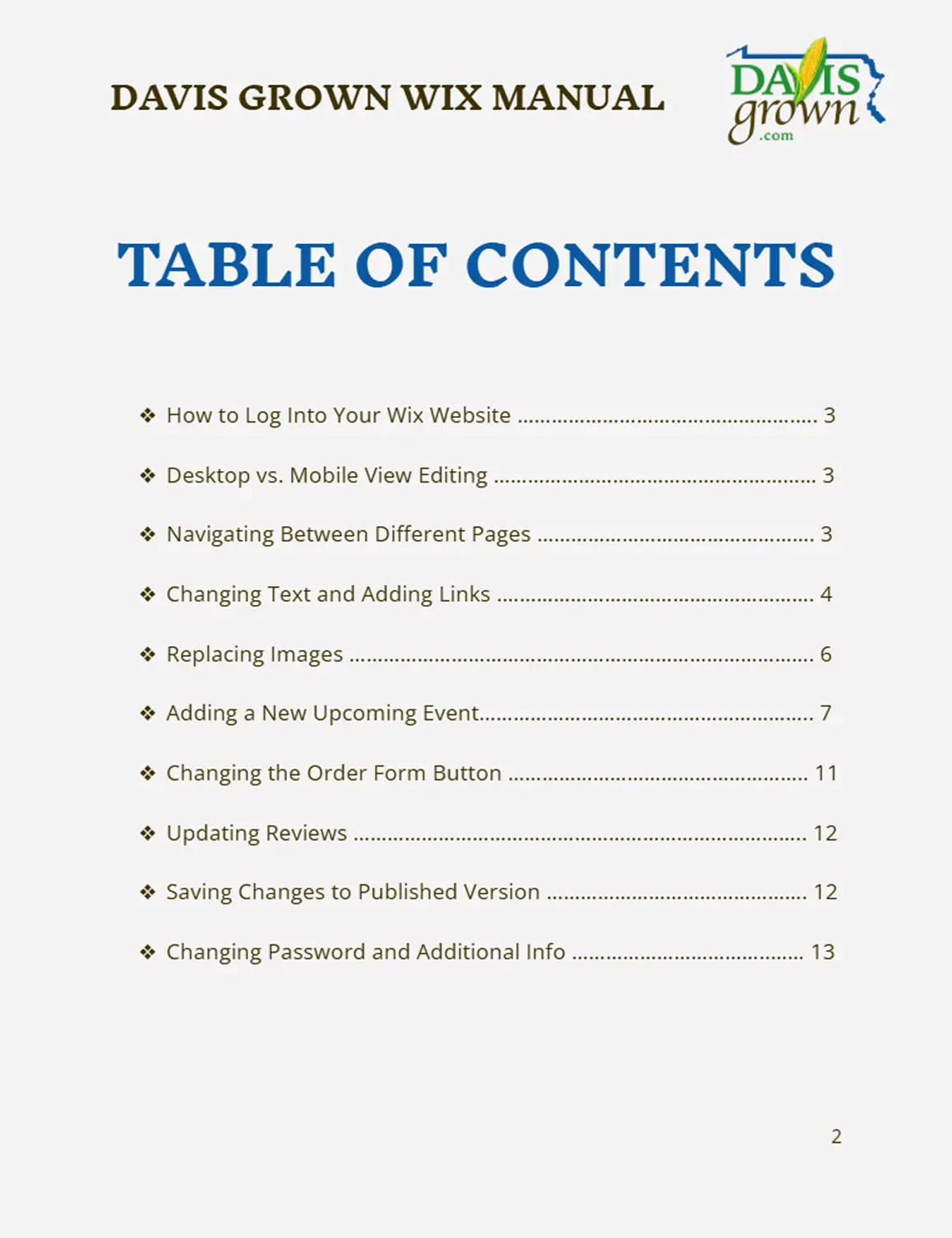 Davis Grown Wix Manual cover page with a table of contents listing topics like logging in, editing text, replacing images, and updating reviews