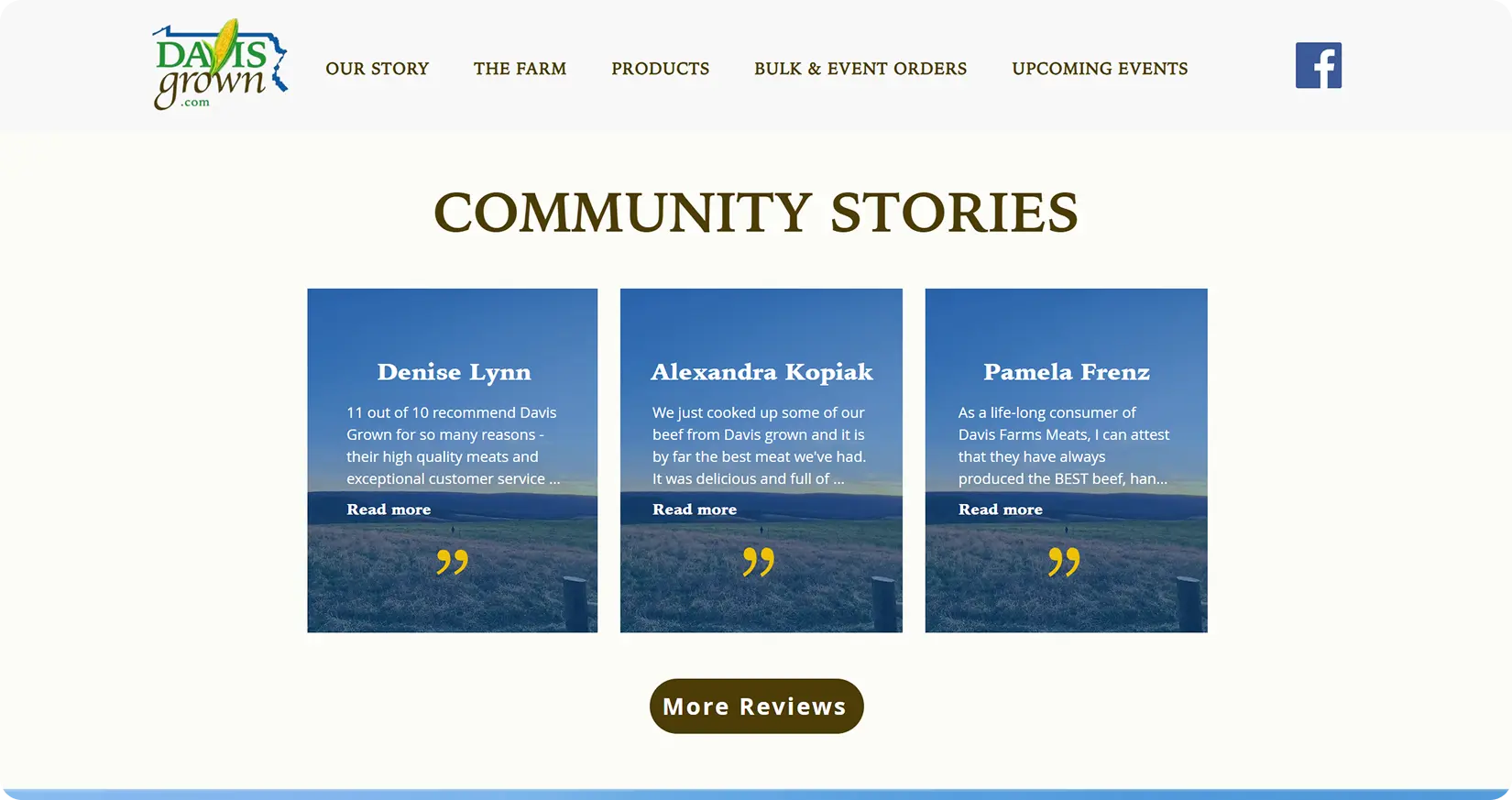 Community Stories section of the Davis Grown website showing three customer testimonial cards and a More Reviews button