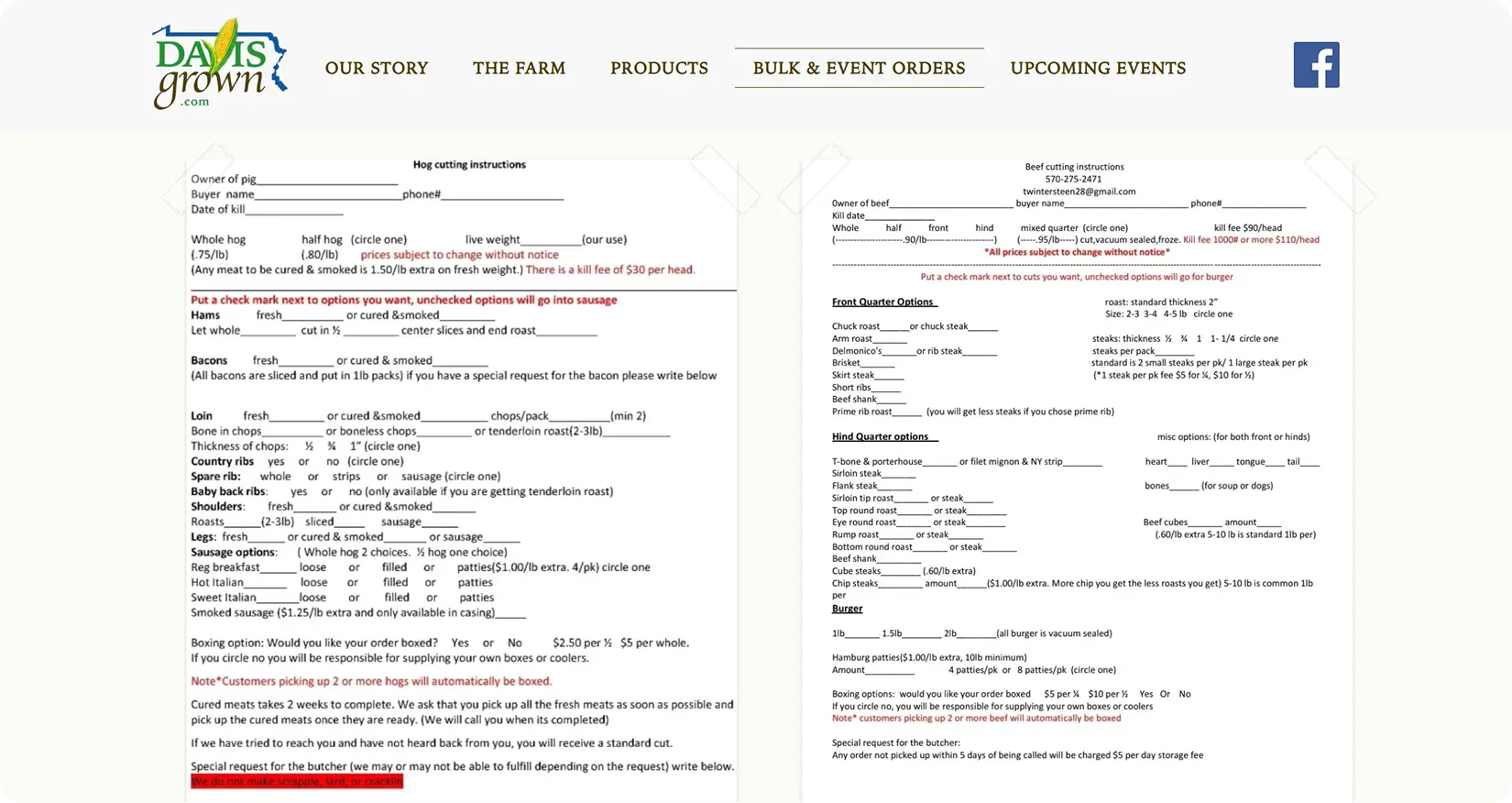 Downloadable hog and beef cutting instruction order forms with detailed checkboxes for cut preferences