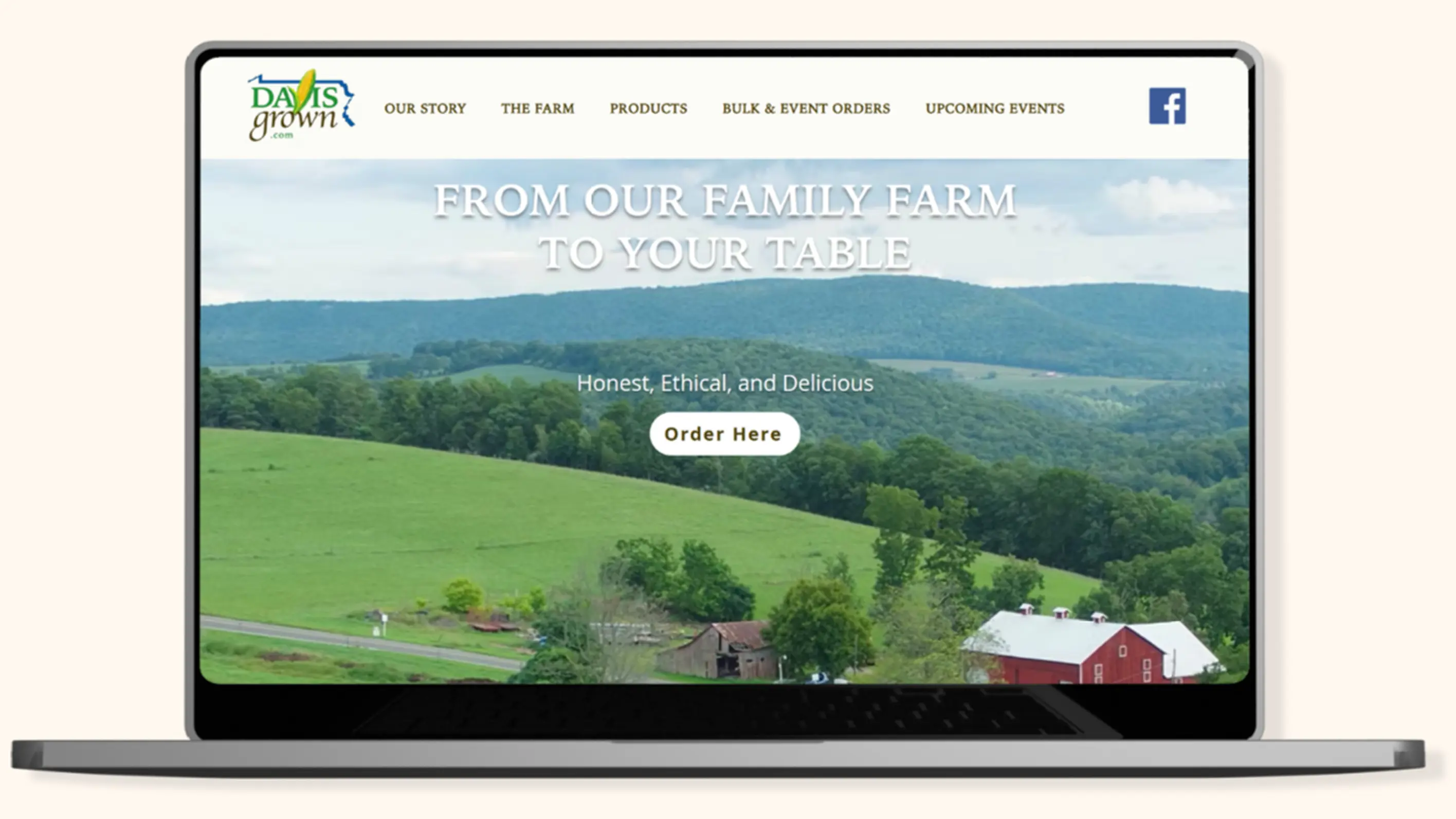 Davis Grown farm website homepage displayed on a laptop