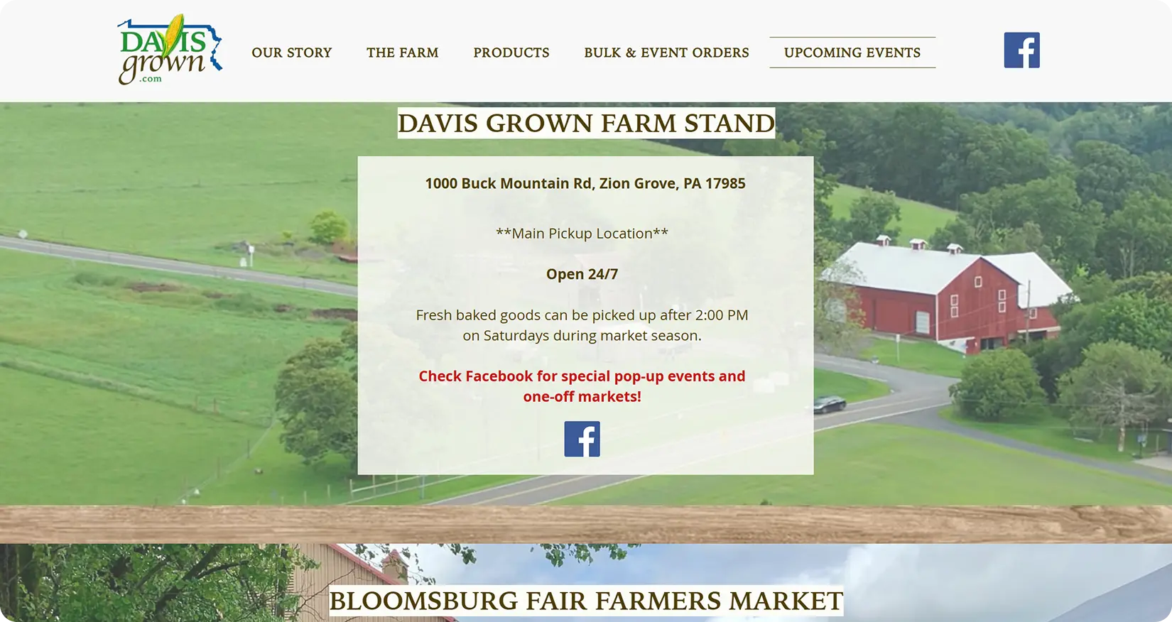 Upcoming Events page of the Davis Grown website showing the Davis Grown Farm Stand location details and a Bloomsburg Fair Farmers Market listing