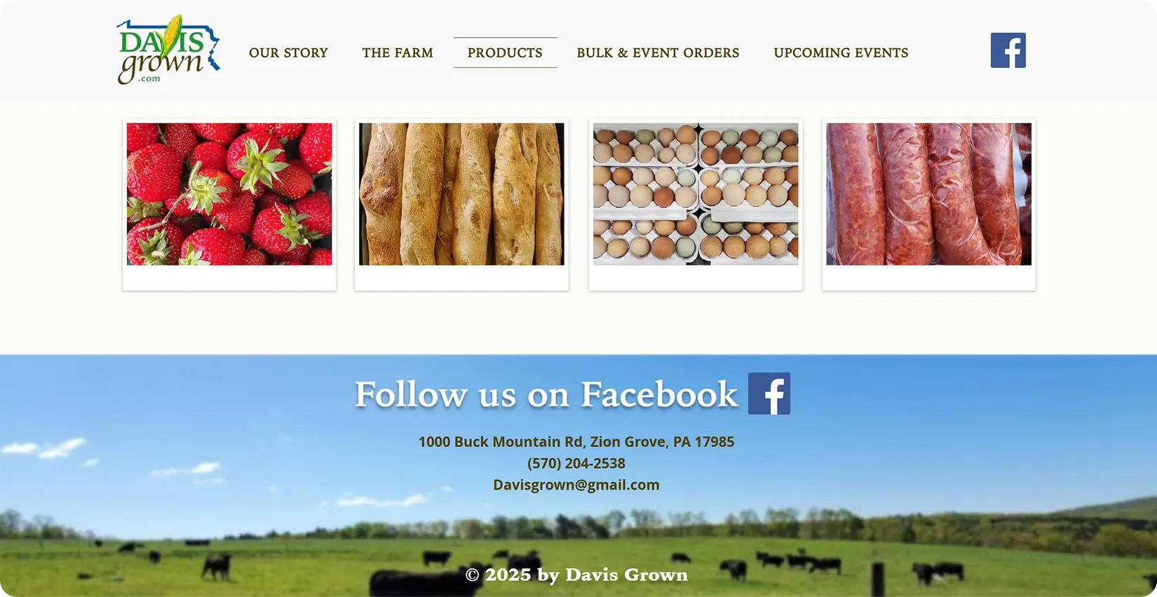Bottom of the Products page showing four large product photos above a blue Follow us on Facebook footer banner with the farm's address and contact information