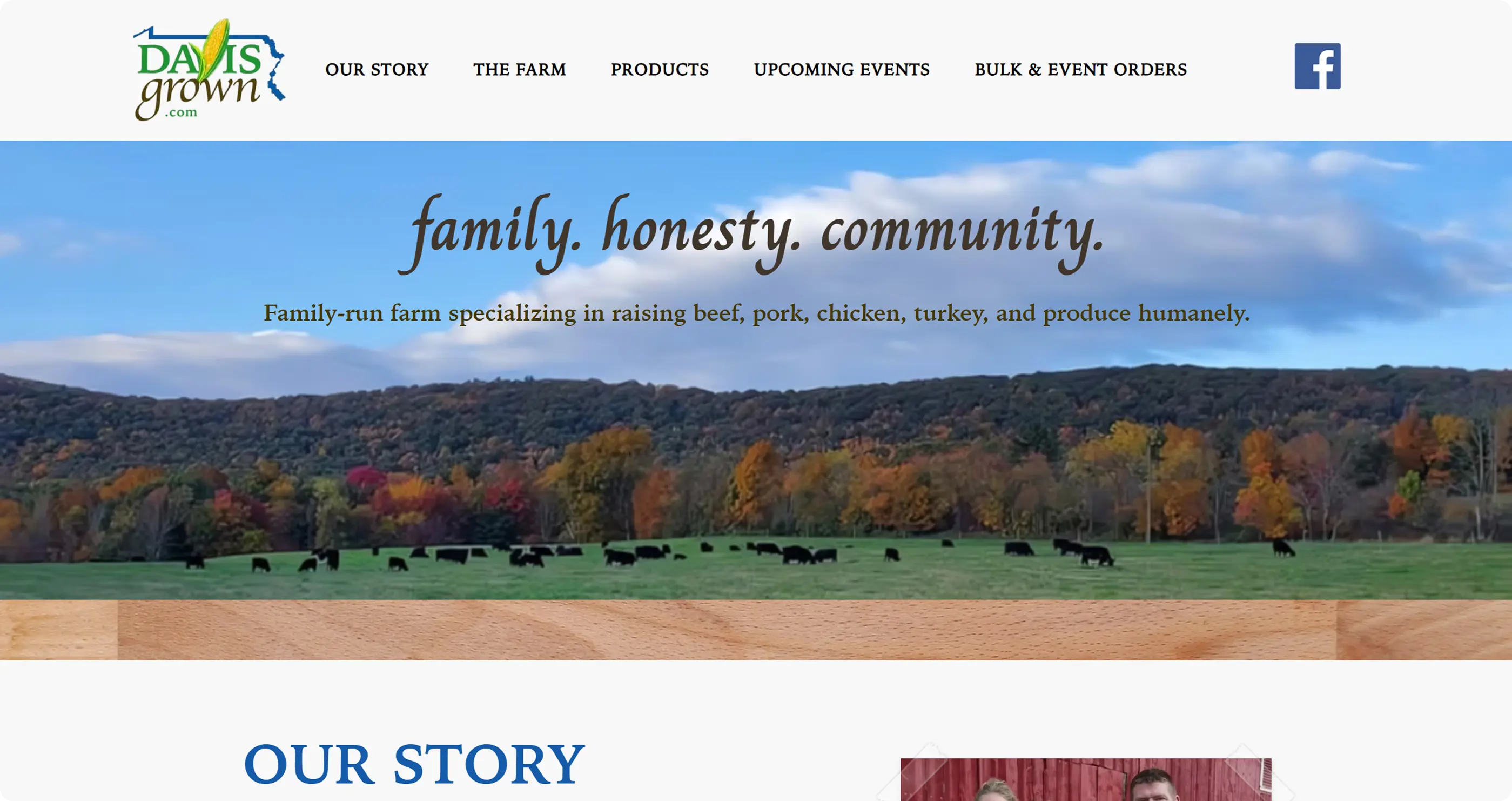 Davis Grown website homepage showing the hero banner with a family, honesty, community statement and the Our Story section beginning below