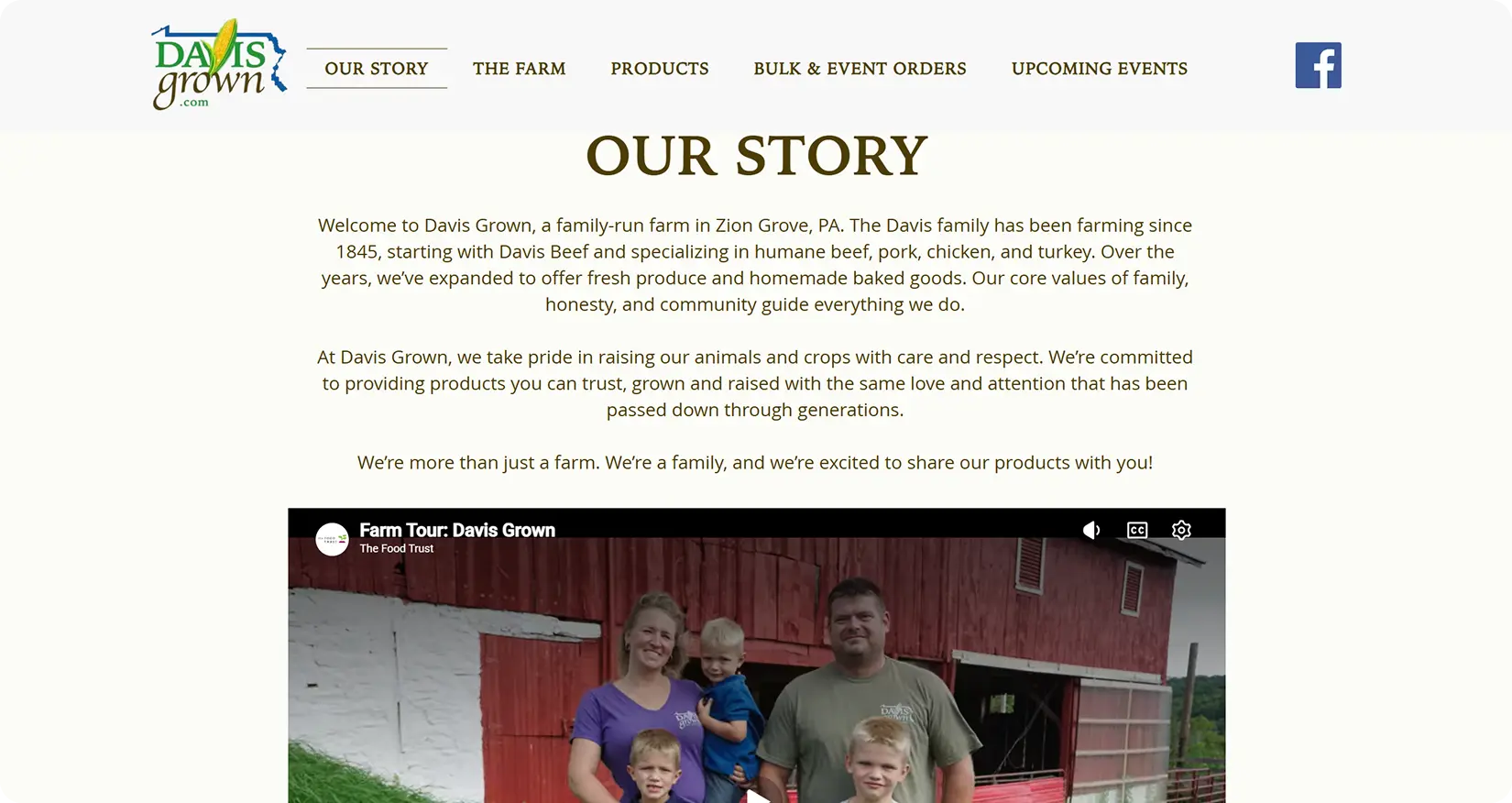 Our Story section of the Davis Grown website with a farm history paragraph and embedded family farm tour video