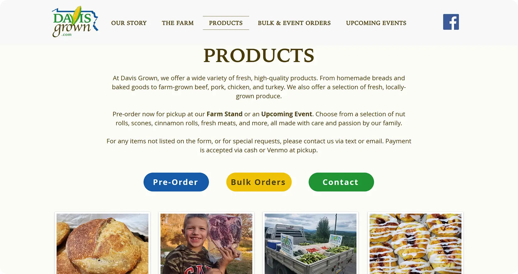 Products page of the Davis Grown website with an intro paragraph, Pre-Order, Bulk Orders, and Contact buttons, and a row of product photos