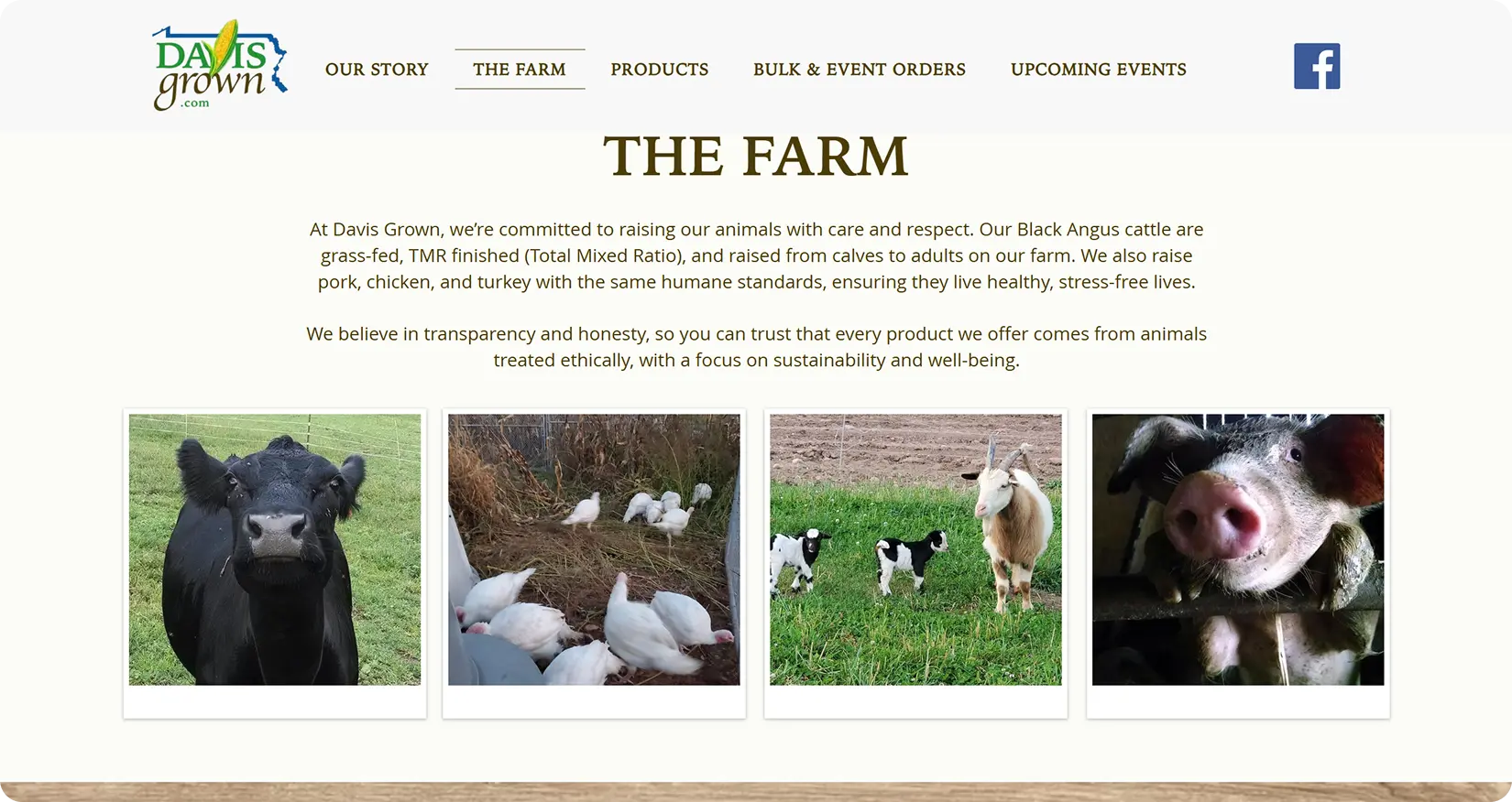 The Farm section of the Davis Grown website describing animal care practices, with photos of cattle, chickens, goats, and a pig