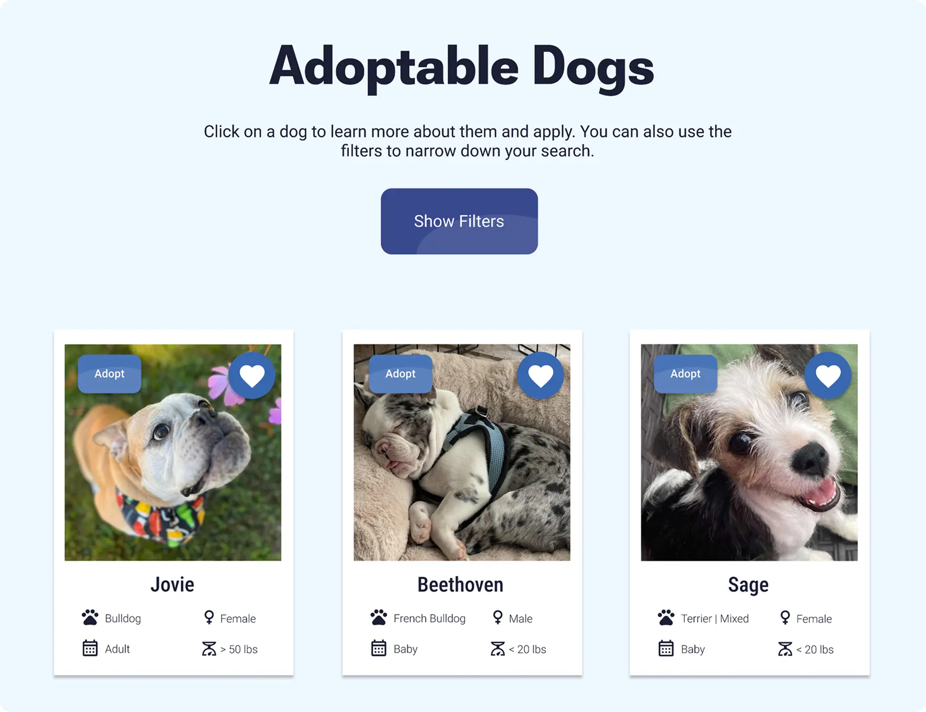 Redesigned Adoptable Dogs page with a Show Filters button and a grid of dog cards including Jovie, Beethoven, and Sage