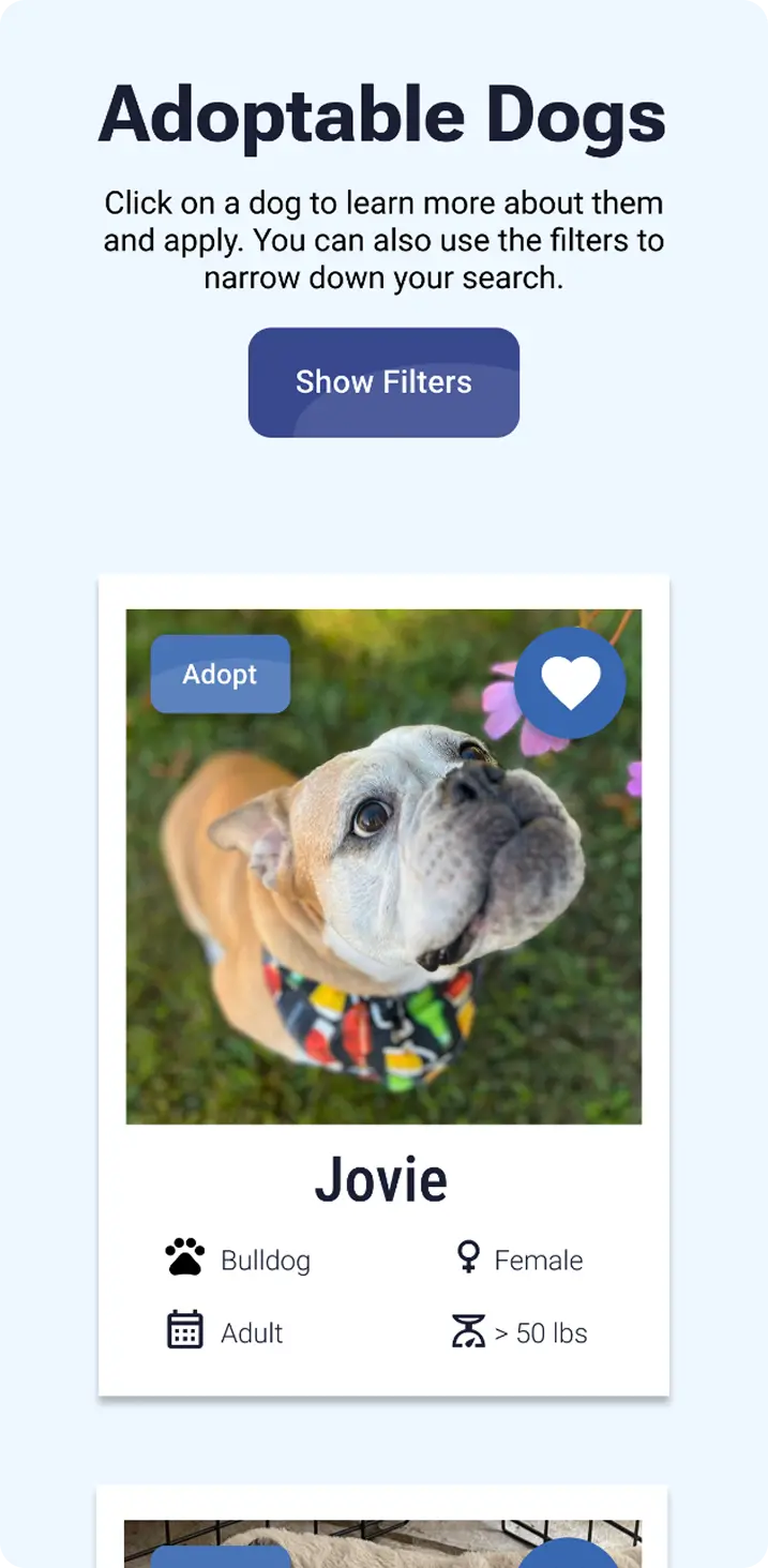 Redesigned Adoptable Dogs page on mobile with a Show Filters button and a stacked column of dog cards