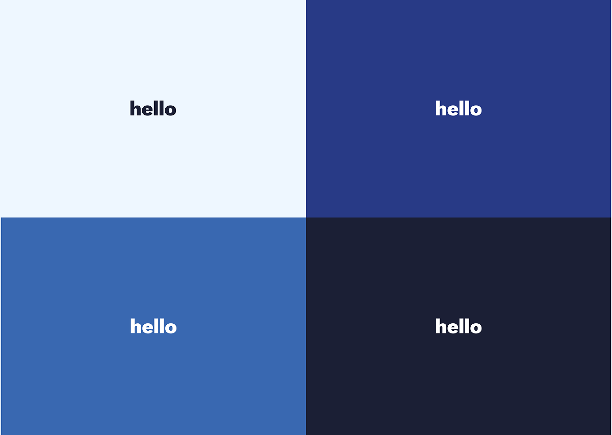 Four color contrast pairings, each showing white text reading 'hello' against a shade of blue