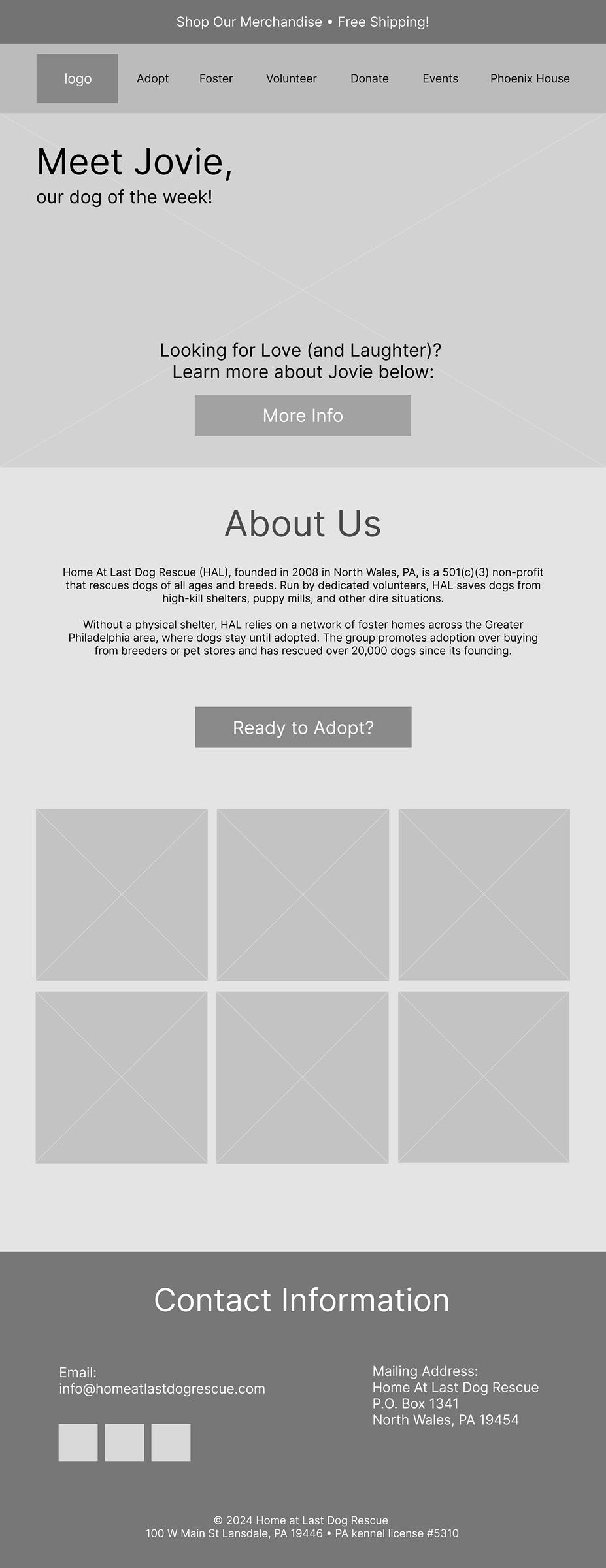 Desktop wireframe of the redesigned homepage with a full navigation menu, Meet Jovie hero, About Us section, and photo grid