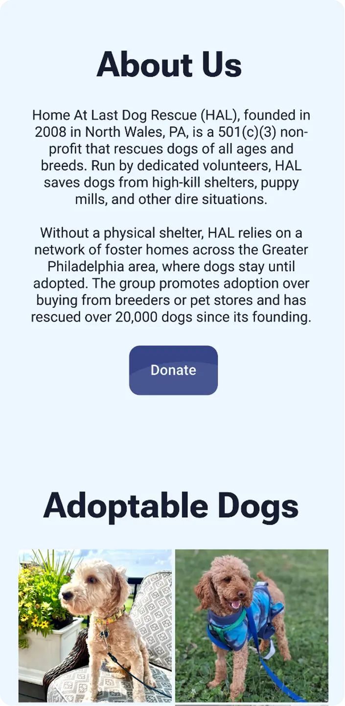About Us section of the homepage with a Donate button and two Adoptable Dogs photos