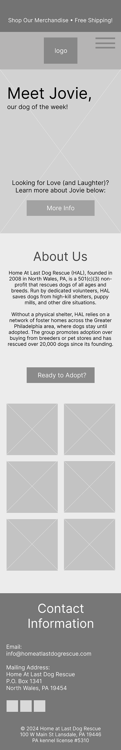 Mobile wireframe of the redesigned homepage with a hamburger menu, Meet Jovie hero, About Us section, and photo grid