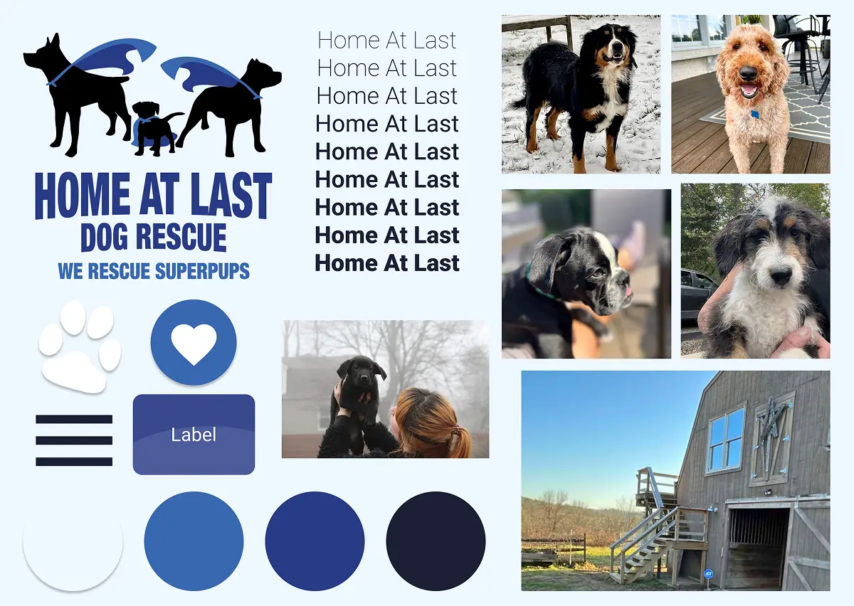 Home At Last style guide showing the logo lockup, wordmark, color palette, button, and icon styles alongside photos of adoptable dogs