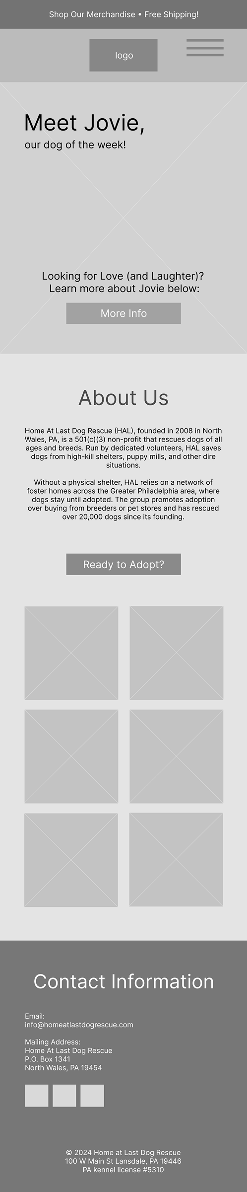 Tablet wireframe of the redesigned homepage with a hamburger menu, Meet Jovie hero, About Us section, and photo grid