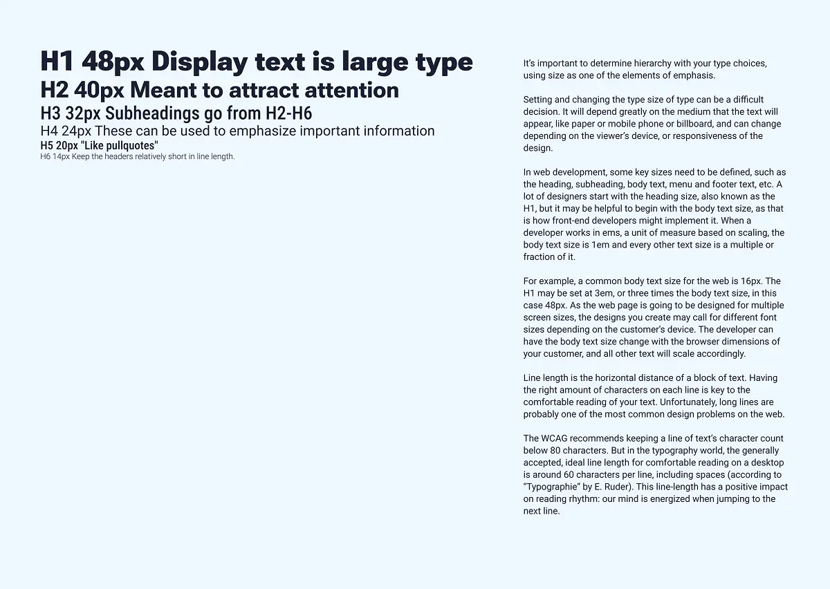 Typography scale from H1 to H6 alongside guidance on hierarchy, line length, and readability
