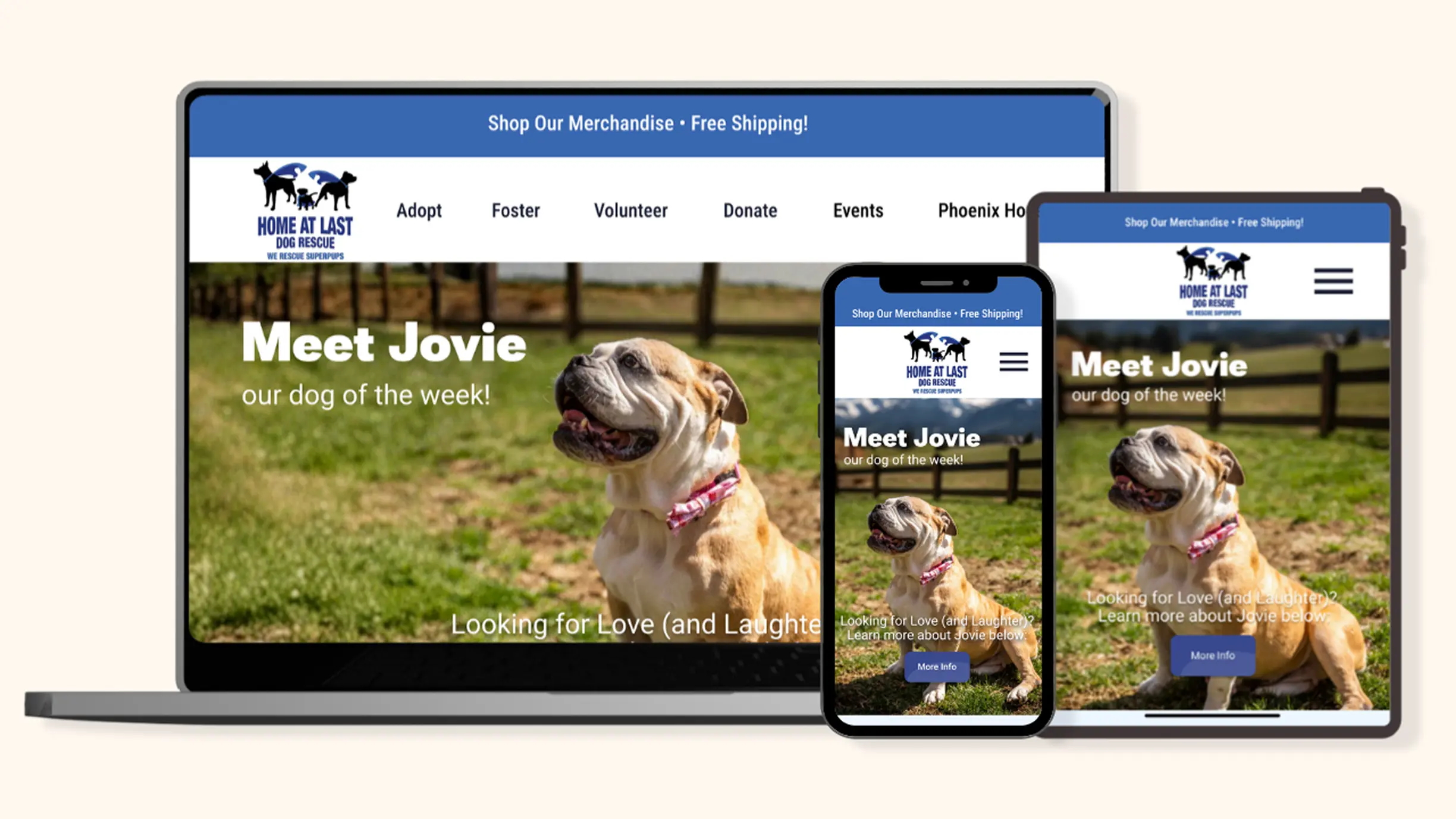 Home At Last dog rescue website shown on a laptop, tablet, and phone