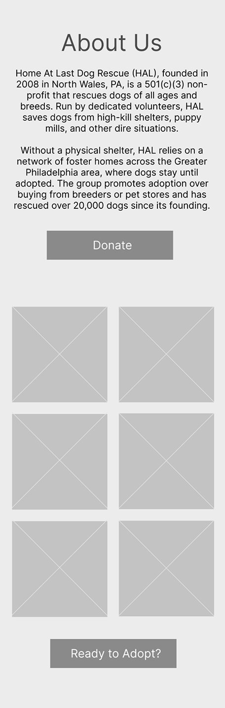 Refined About Us wireframe with a Donate button below the intro text, a photo gallery, and a Ready to Adopt button beneath it