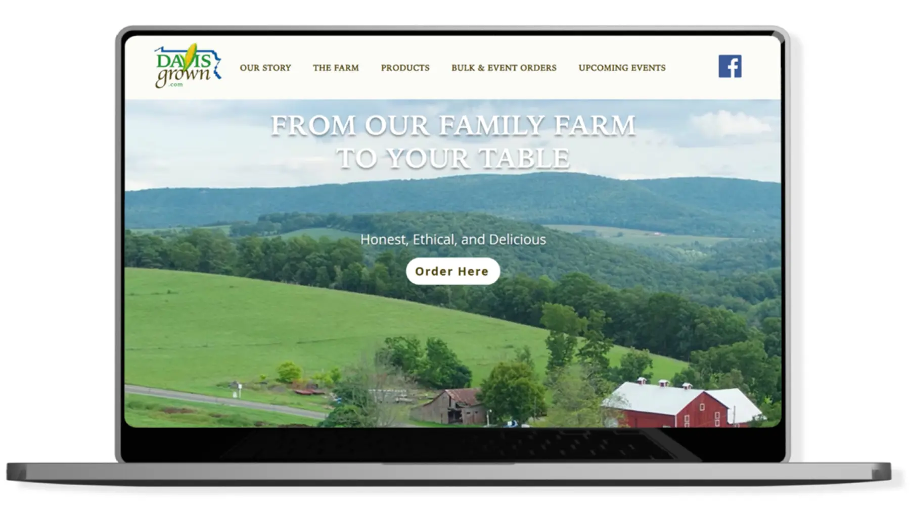 Davis Grown farm website homepage displayed on a laptop