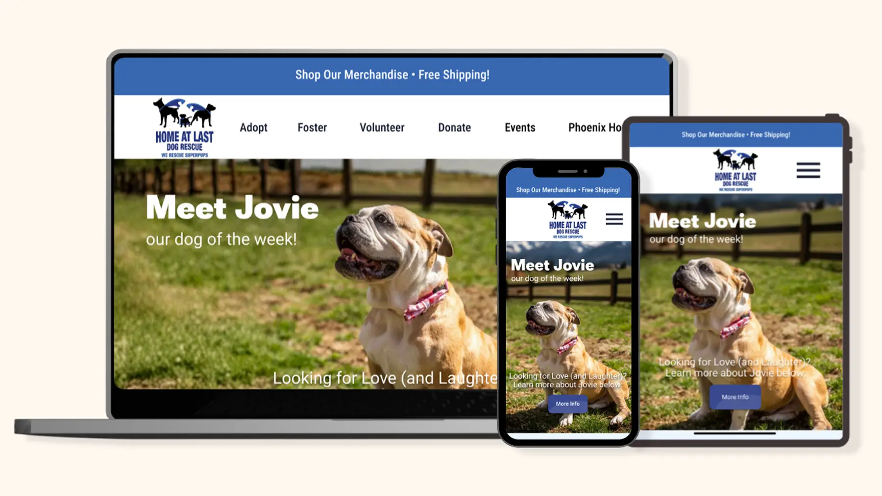 Home At Last dog rescue website shown on a laptop, tablet, and phone