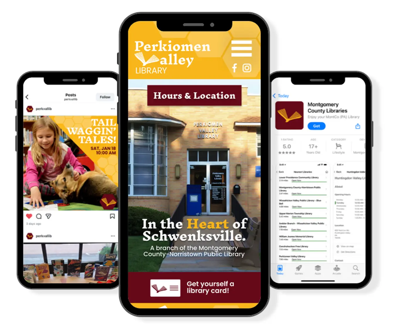 Perkiomen Valley Library website and social media shown across three phone screens