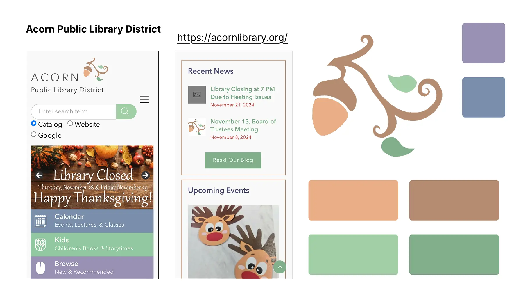 Moodboard for Acorn Public Library, showing the library's website, a purple/blue/tan/green color palette, an acorn and branch illustration, and a photo of a reindeer craft