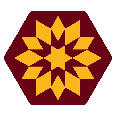 Perkiomen Valley Library's existing starburst mark, a yellow starburst on a burgundy hexagon without a clear connection to Schwenksville