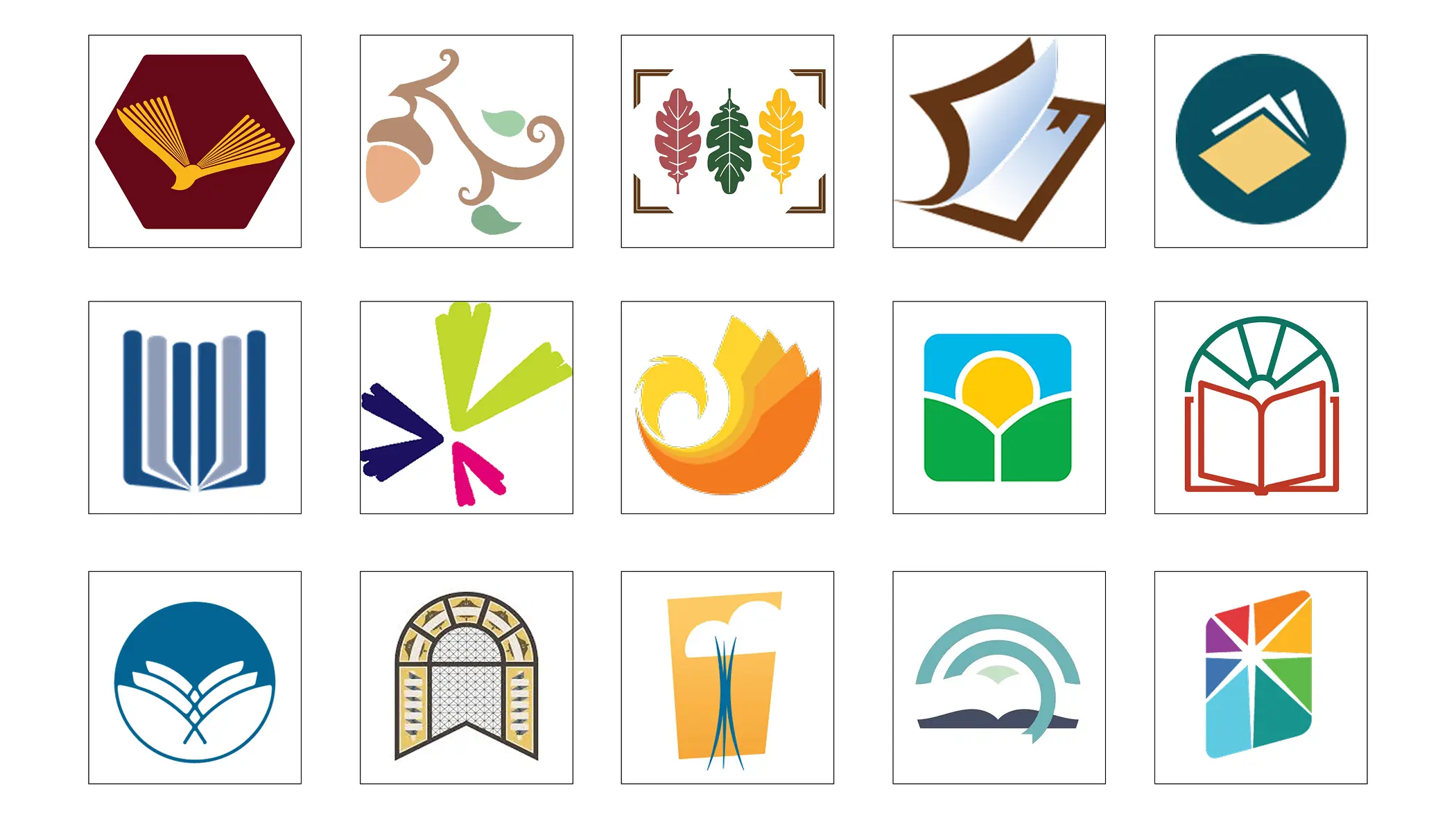 Grid of 15 library brandmarks, including Perkiomen Valley Library's new mark alongside 14 other library identities, compared for visual distinctiveness