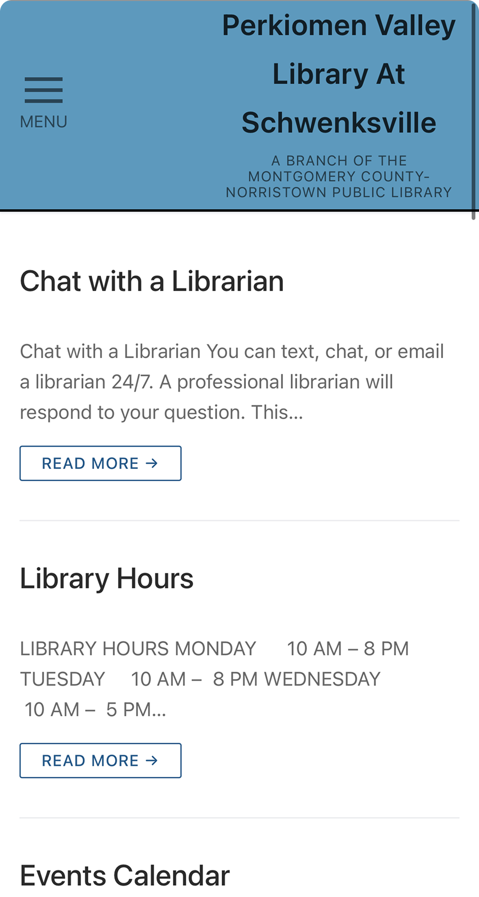 Perkiomen Valley Library's existing website before the redesign, showing Chat with a Librarian, Library Hours, and Events Calendar sections with minimal branding