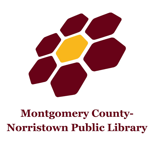 Montgomery County-Norristown Public Library logo, a burgundy and yellow hexagonal honeycomb mark