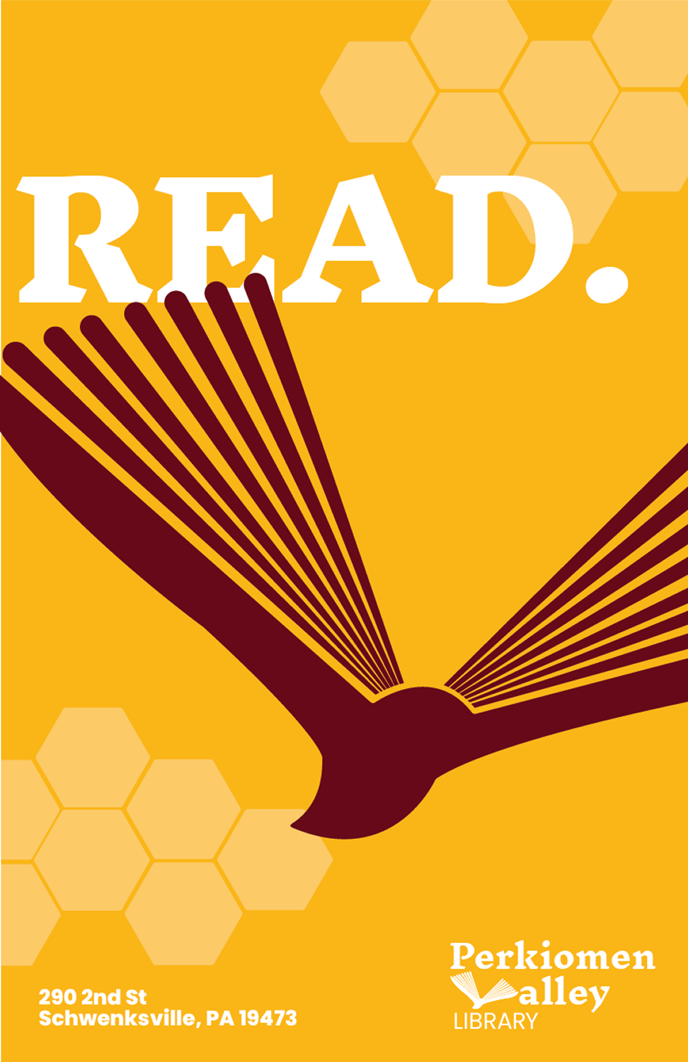 Promotional READ. poster featuring the flying book brandmark, honeycomb pattern, and Perkiomen Valley Library address