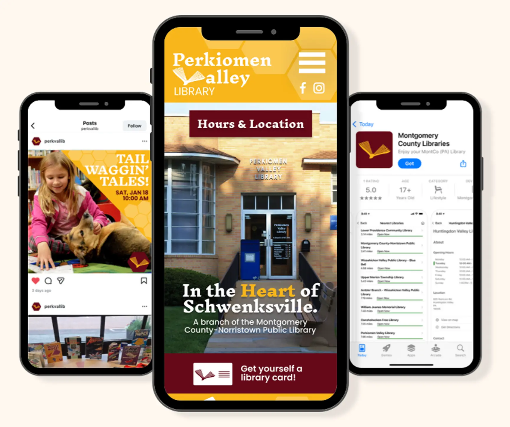 Perkiomen Valley Library website and social media shown across three phone screens