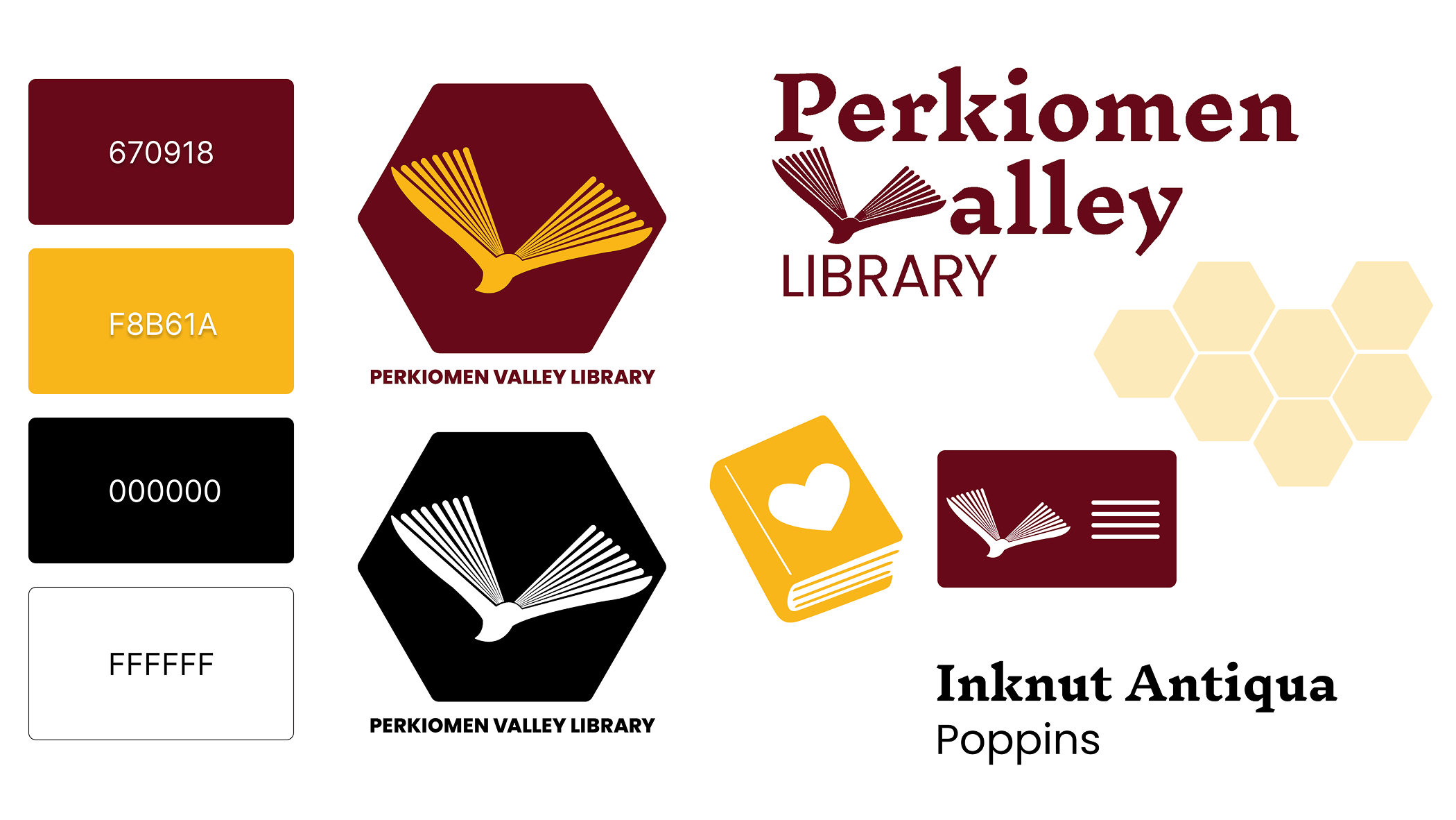 Perkiomen Valley Library visual style guide, showing the color palette, brandmark in burgundy and reversed black, wordmark lockup, honeycomb pattern, library card icon, and typography specimens for Inknut Antiqua and Poppins