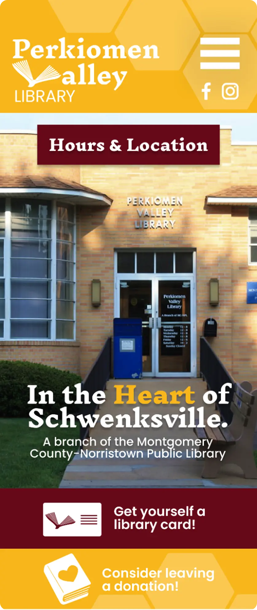 Perkiomen Valley Library mobile homepage, showing the hero image with Hours & Location CTA, In the Heart of Schwenksville statement, and library card/donation action strips