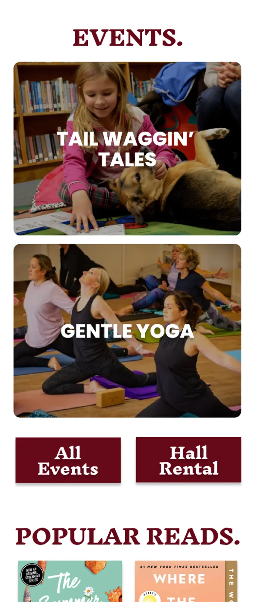 Perkiomen Valley Library mobile events page, showing Tail Waggin' Tales and Gentle Yoga event cards with All Events and Hall Rental buttons, and the start of a Popular Reads section