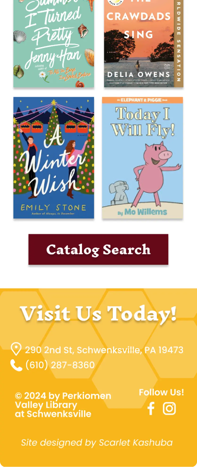 Perkiomen Valley Library mobile popular reads grid with a Catalog Search button, plus a Visit Us Today footer with address, phone number, and honeycomb pattern