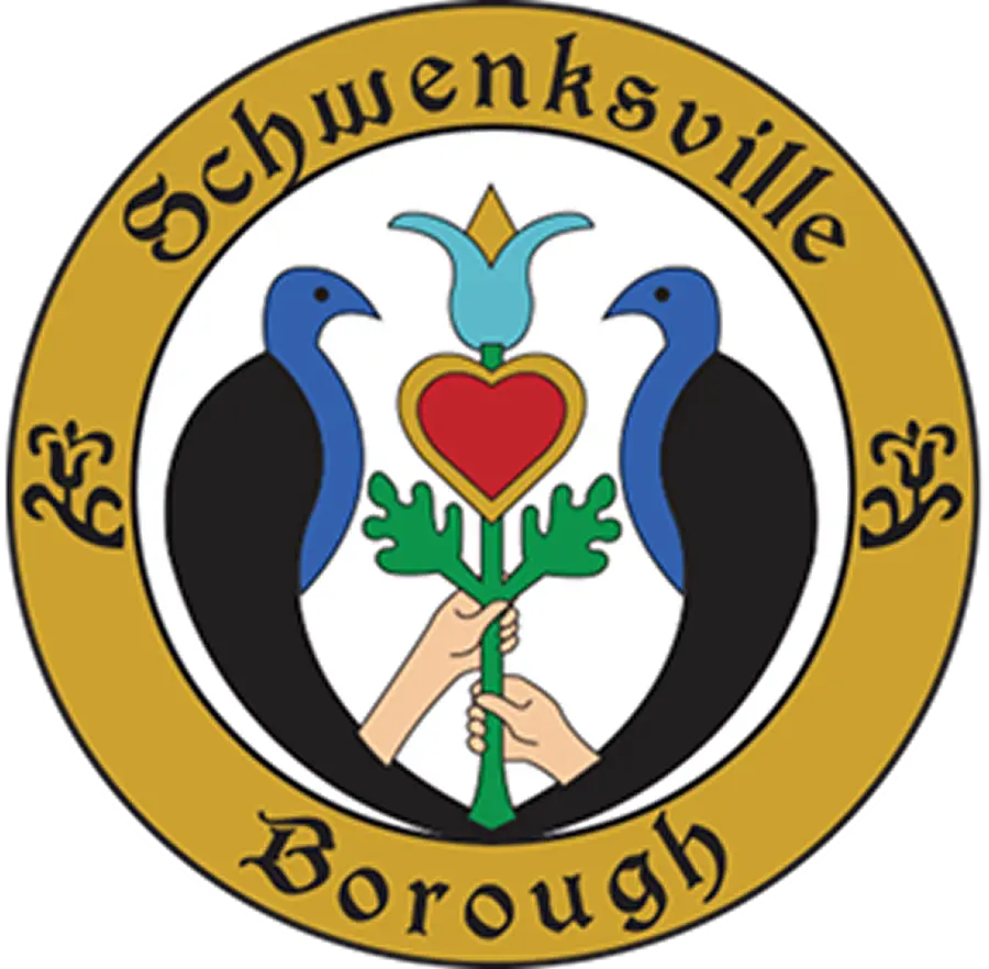 Schwenksville Borough seal, featuring two peacocks facing a heart and flower held between two hands