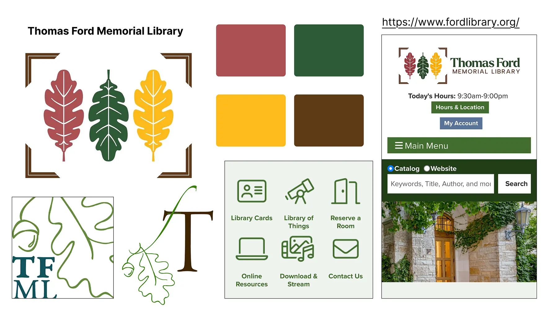 Moodboard for Thomas Ford Memorial Library, showing the library's website, a red/green/yellow/brown color palette, three oak leaf illustrations, a TFML monogram, and a leaf line drawing